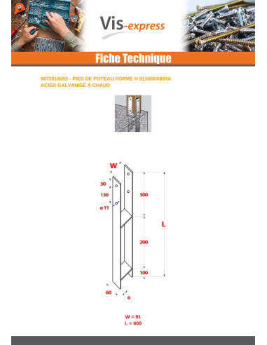 1 x Base del palo forma H 91X600X60X6 fuerte...