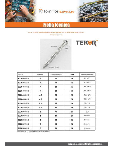 1 x Tornillo terraza TEKOR cabeza fresada...