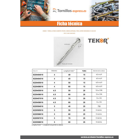 1 x Tornillo terraza TEKOR cabeza fresada abombada TORX T20 4X50 cut punta antihendidura tipo 17 Inox Inoxidable C1 AISI