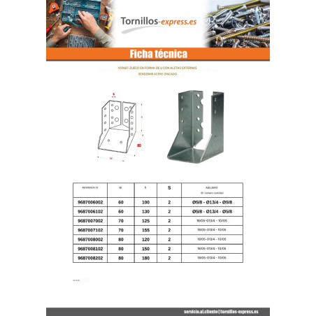 1 x Colgador de vigueta en forma de U con Aletas interior sendzimir 60X100