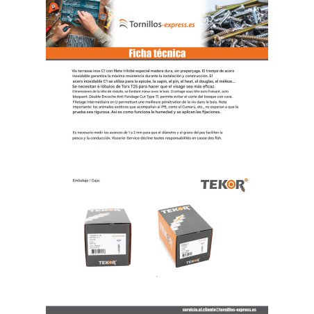 1 x Tornillo terraza TEKOR cabeza fresada abombada TORX T20 4.5X70 cut punta antihendidura tipo 17 Inox Inoxidable C1 AISI