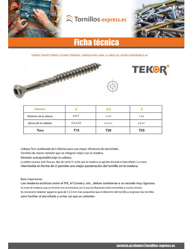 1 x Tornillo terraza TEKOR cabeza fresada...