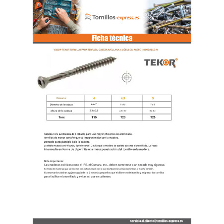 1 x Tornillo terraza TEKOR cabeza fresada abombada TORX T15 4X50 cut punta antihendidura tipo 17 Inoxidable A4