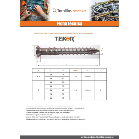 1 x Lote de 40 Tornillo terraza TEKOR Inoxidable A2 5X60 cut punta antihendidura tipo 17 para 1 metro cuadrado