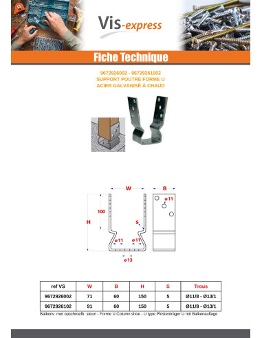 1 x Soporte para viga forma U 71X60X150 fuerte...