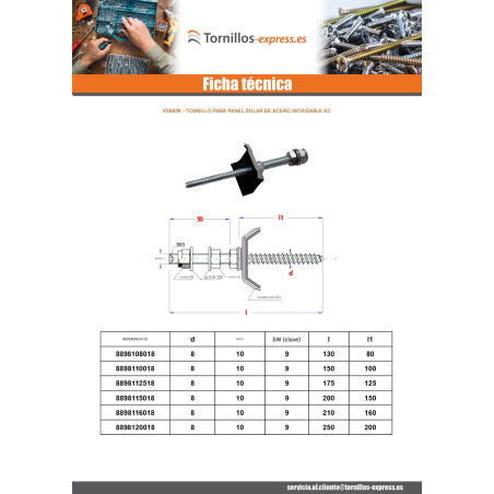 1 x Tornillo Grapa para montaje para panel solar M10 longitud total 200 Inoxidable A2