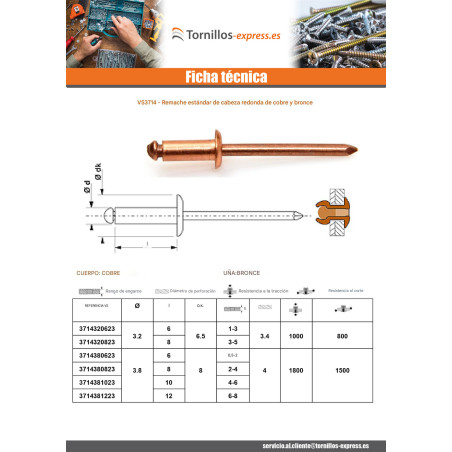 1 x Remache Cabeza redonda estándar Varilla de cobre y bronce 3.8X6 grosor de ajuste 0.5 con 2