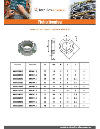 1 x Tuerca ranurada Inoxidable A2 M45 paso de 150