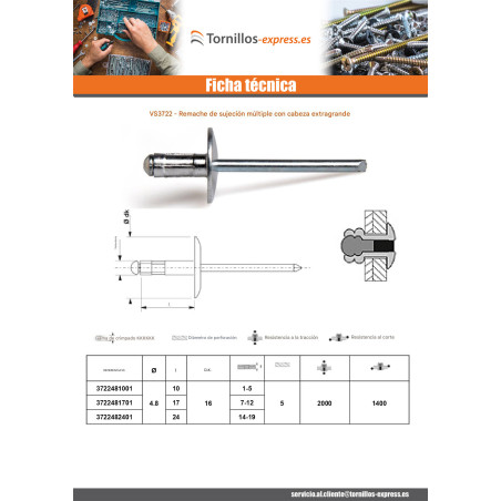 1 x Remaches ciegos Multigrip Aluminio Vástago acero 4.8X17 cabeza extra ancha