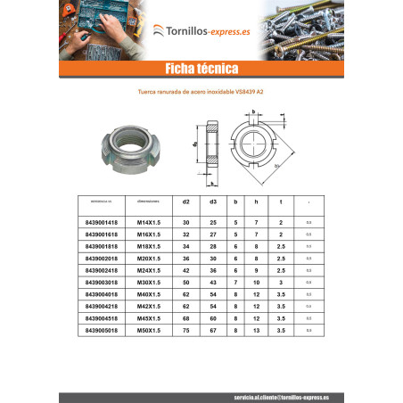 1 x Tuerca ranurada Inoxidable A2 M40 paso de 150