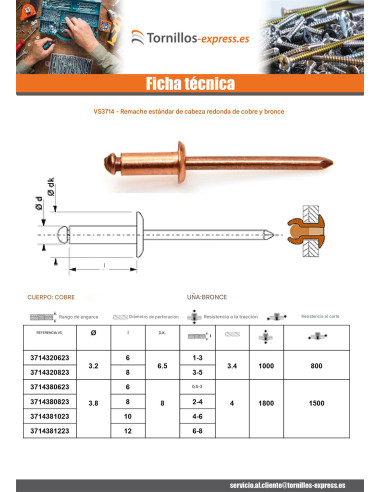 1 x Remache Cabeza redonda estándar Varilla de...