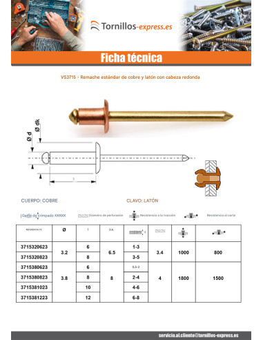 1 x Remache Cabeza redonda estándar Varilla de...