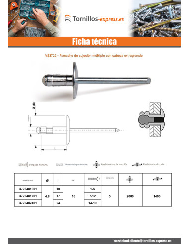 1 x Remaches ciegos Multigrip Aluminio Vástago...