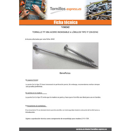 1 x Tornillos para madera TEKOR Inoxidable A2 cabeza fresada/testa svasat dentado TORX T25 6X60 roscado en 36 cut punta