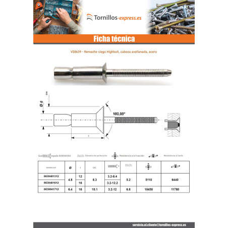 1 x Remache ciego totalmente de acero HIBOLT cabeza fresada/testa svasat 4.8X13 grosor de ajuste 3.2 con 4