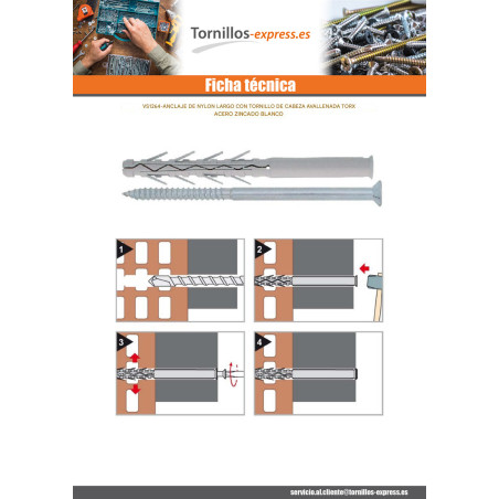 1 x Taco para clavar larga Nylon 10X135 + Tornillo cabeza fresada/testa svasat Acero cincado blanco