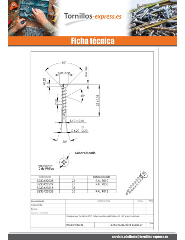 1 x Tornillo pvc Inoxidable A2 cabeza fresada...