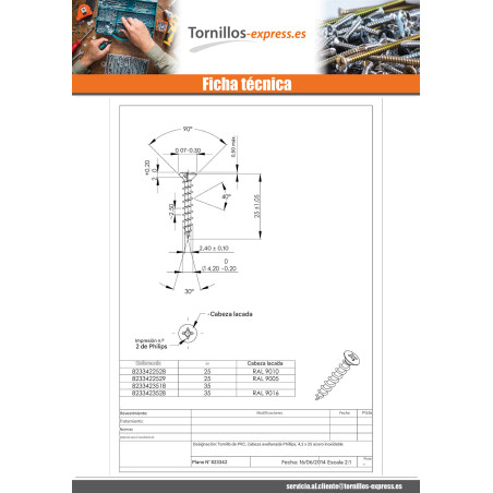 1 x Tornillo pvc Inoxidable A2 cabeza fresada abombada phillips 4.2X35