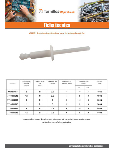 1 x Remache ciego cabeza plano Nylon poliamida...