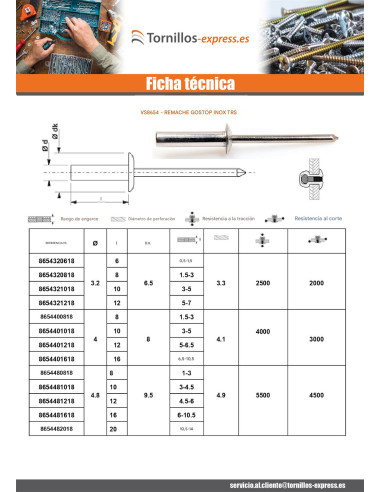 1 x Remache Inox GOSTOP Cabeza redonda estándar...