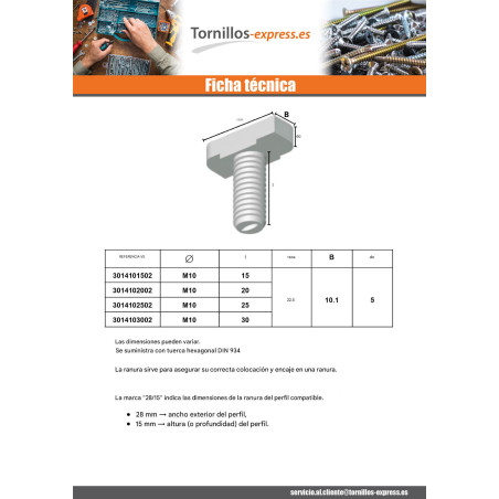 1 x Tornillo metales cabeza martillo M10X25 para 28/15 perfiles Clase 8.8 con nueces Acero bruto