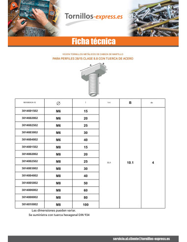 1 x Tornillo metales cabeza martillo M10X20...