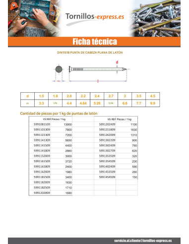 1 x Kg de puntas Latón cabeza plana 1.1X8