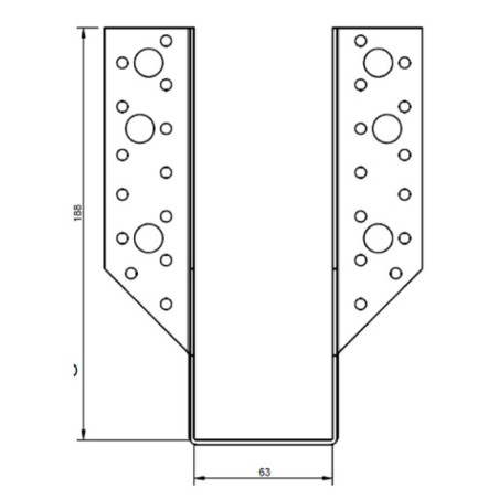 1 x Colgador de vigueta en forma de U con Aletas exterior 63X188 Acero cincado negro