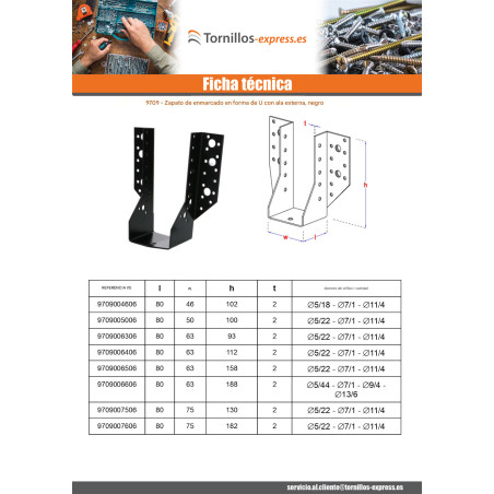 1 x Colgador de vigueta en forma de U con Aletas exterior 63X188 Acero cincado negro