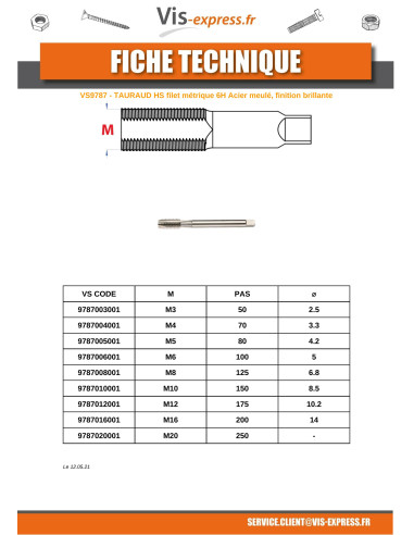 1 x Macho HSS M12 paso de 175