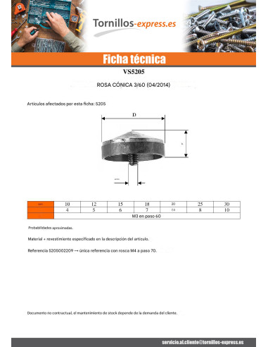 1 x Roseta cónico Latón 25 cola M3 paso 60