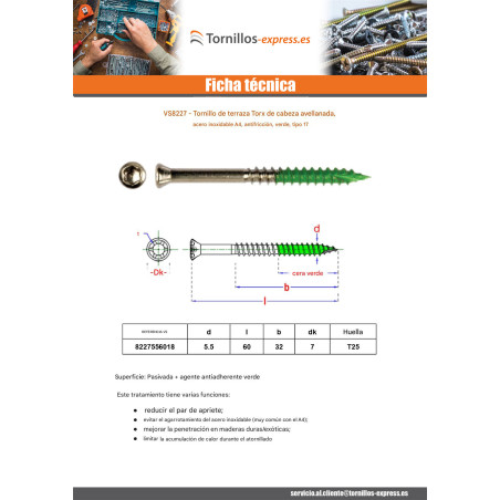 1 x Tornillo terraza cabeza fresada/testa svasat TORX T25 5.5X60 roscado en 32 Inoxidable A4 antifricción Verde