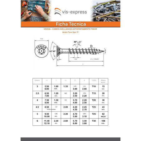 1 x Tornillos para madera TEKOR cabeza fresada/testa svasat dentado 6X180 roscado en 70 TORX T30 Acero cincado blanco cut