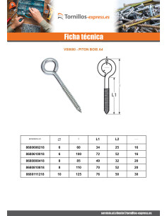 Tornillo de ojo madera Inoxidable A4 6X62 roscado en 25... 2