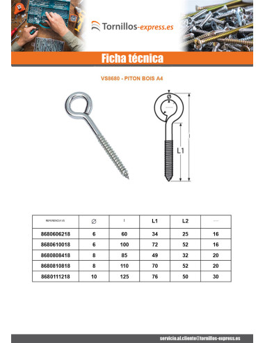 1 x Tornillo de ojo madera Inoxidable A4 10X125...