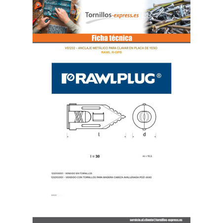 1 x Taco de clavos para cartón yeso 10.5X30 sin Tornillo RAWLPLUG