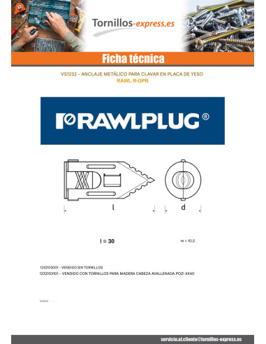 1 x Taco de clavos para cartón yeso 10.5X30 con...