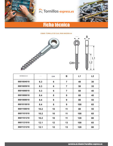 1 x Tornillo de ojo madera 8X80 roscado en 55...