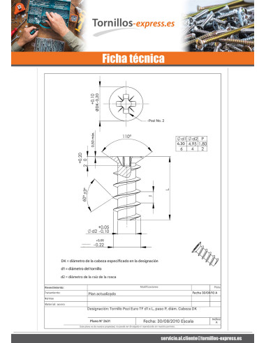 1 x Tornillo Euro cabeza fresada/testa svasat...