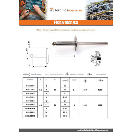 1 x Remache Ciego Todo Acero Inoxidable cabeza extra ancha 3.2X10 grosor de ajuste 5 con 7