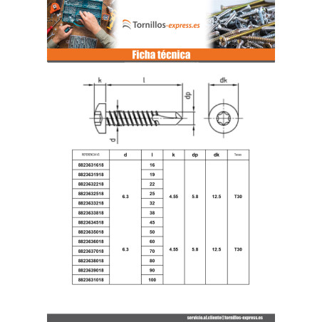 1 x Tornillo autoperforante cabeza cilíndrica 4.8X16 TORX T25 Inoxidable AISI 410
