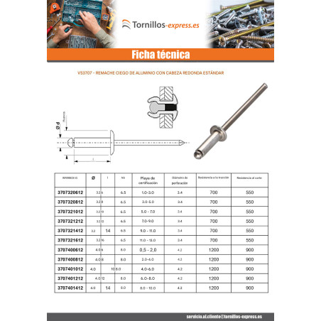 1 x Remache ciego, totalmente de aluminio 3.2X10 grosor de ajuste 5 con 7 Cabeza redonda estándar SU