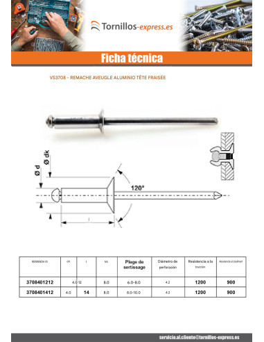 1 x Remache ciego, totalmente de aluminio 4X12...