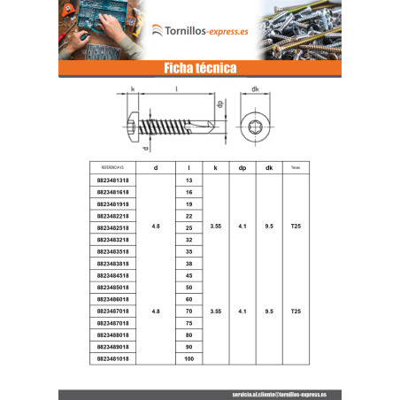 1 x Tornillo autoperforante cabeza cilíndrica 6.3X32 TORX T30 Inoxidable AISI 410