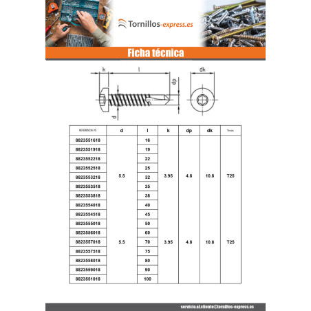 1 x Tornillo autoperforante cabeza cilíndrica 6.3X32 TORX T30 Inoxidable AISI 410