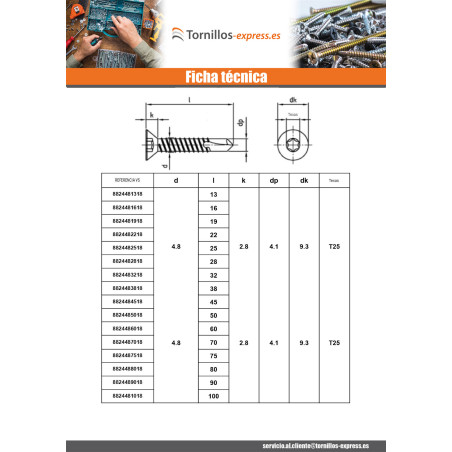 1 x Tornillo autoperforante cabeza fresada/testa svasat 6.3X45 TORX T30 Inoxidable AISI 410