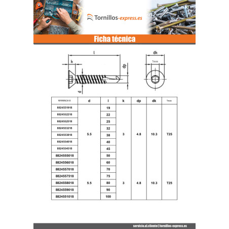 1 x Tornillo autoperforante cabeza fresada/testa svasat 4.8X60 TORX T25 Inoxidable AISI 410