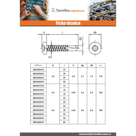 1 x Tornillo autoperforante cabeza cilíndrica 3.5X25 TORX T10 Inoxidable AISI 410
