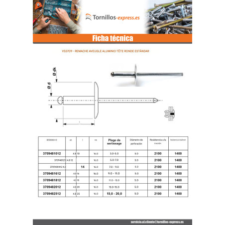1 x Remache ciego, totalmente de aluminio 4.8X10 grosor de ajuste 3 con 5 cabeza extra ancha SU
