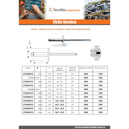 1 x Remaches ciegos Barra Filettata Alluminio Acciaio 4.8X35 grosor de ajuste 25 con 30 cabeza ancha ALX